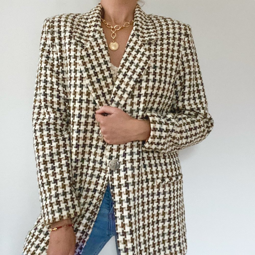 80s Tweed Houndstooth Blazer Style Coat - Picture 3 of 9